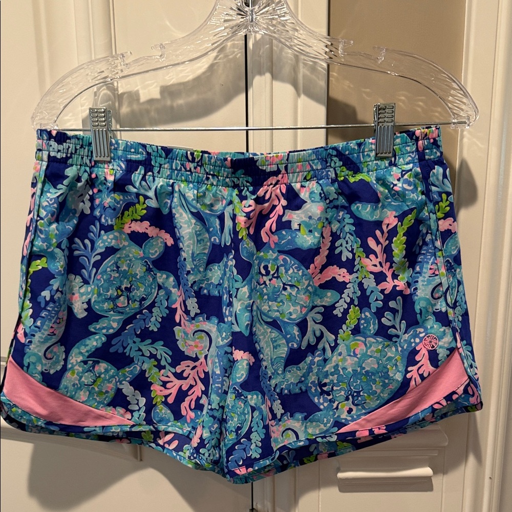 Lilly Pulitzer Navy Floral Sea Turtle Athletic Shorts with Pink Trim